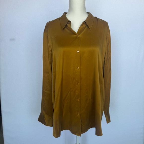NWT Eileen Fisher 100% Silk Long Sleeve Collared Button Up Shirt Blouse Gold XL - Picture 1 of 8